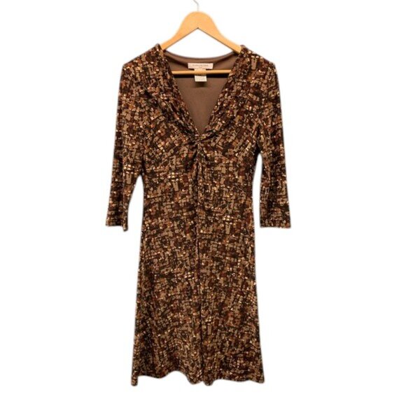 Evan-Picone Women’s 10 Dress Brown Multicolor V-Neck 3/4 Sleeve Stretch Work - Picture 1 of 7
